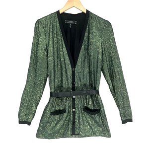 Robert Rodriguez Sequined Cardigan Womens Green Belted Silk Lined Button Up Sz 0